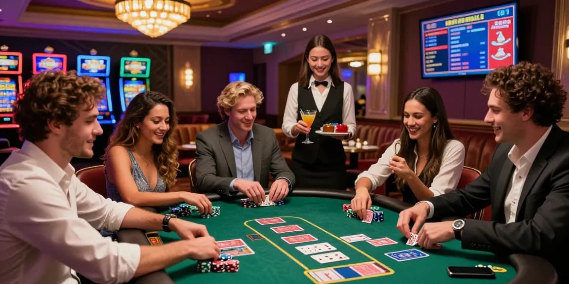 Engaging casino night at https://dentalgroups.co.uk with friends playing poker amidst vibrant lights and lively atmosphere.
