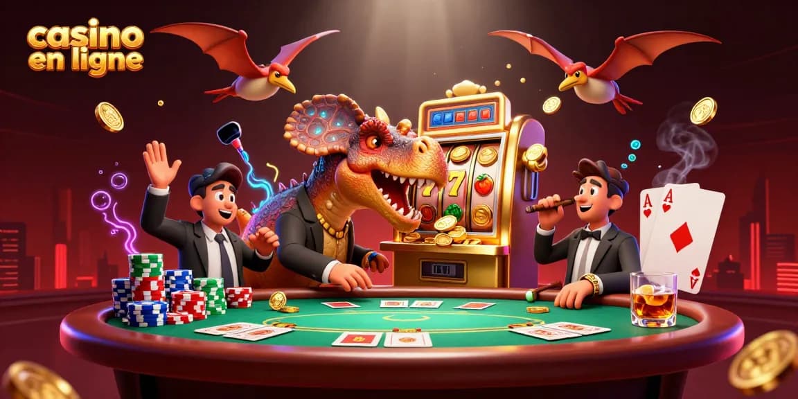Casino en ligne: Illustration de dinosaures jouant aux machines à sous dans un environnement vibrant.