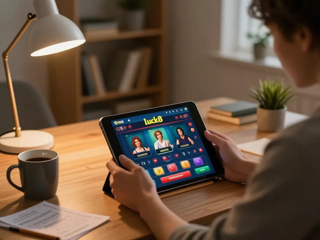 Engaging in strategic online gaming on luck8 casino with tablet and notes