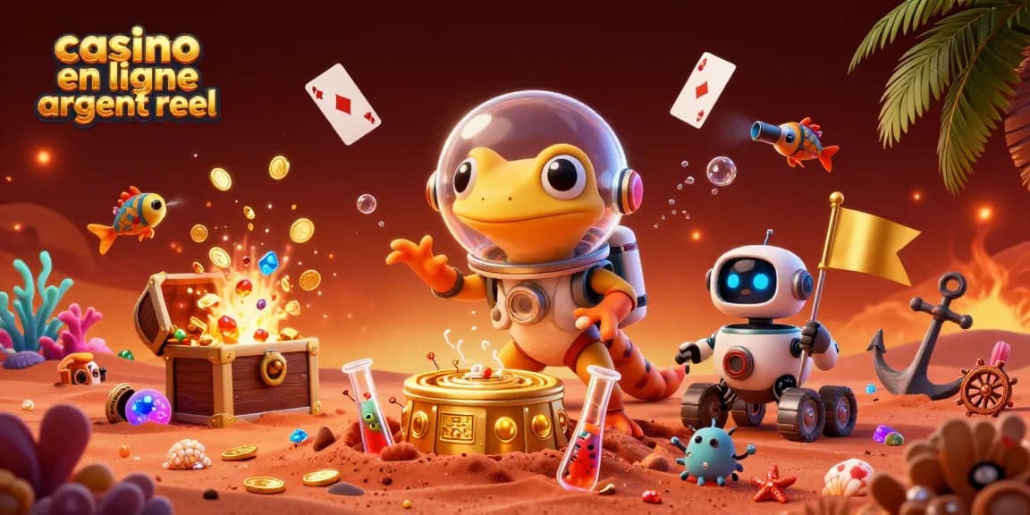 Illustration d'un casino en ligne argent réel avec un gecko martien découvrant une plateforme de jeux au milieu du sable rouge de Mars.