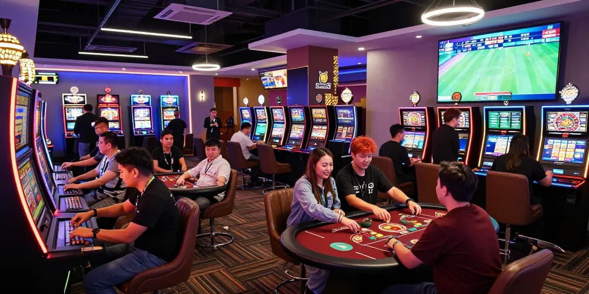 Vibrant casino ambiance showcasing MBM娛樂 gaming excitement with players and dealers