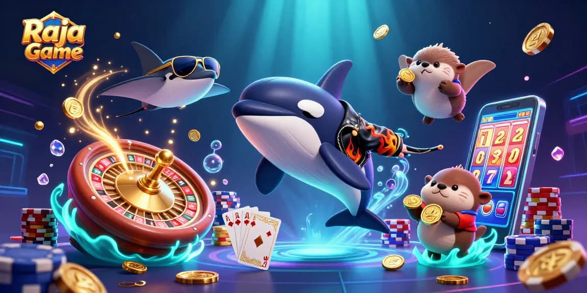 Engage with Raja Game as playful sea characters dive into thrilling gaming adventures with cascading coins and vibrant elements.