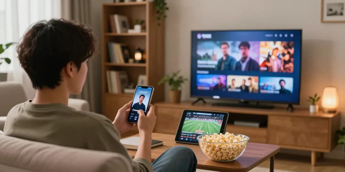 Test IPTV 24h avec un utilisateur regardant des films sur un téléviseur connecté, ambiance chaleureuse.