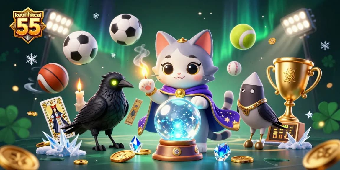 Engaging scene with keonhacai 55 elements, featuring a mystical cat and sports balls in casino-themed illustration.