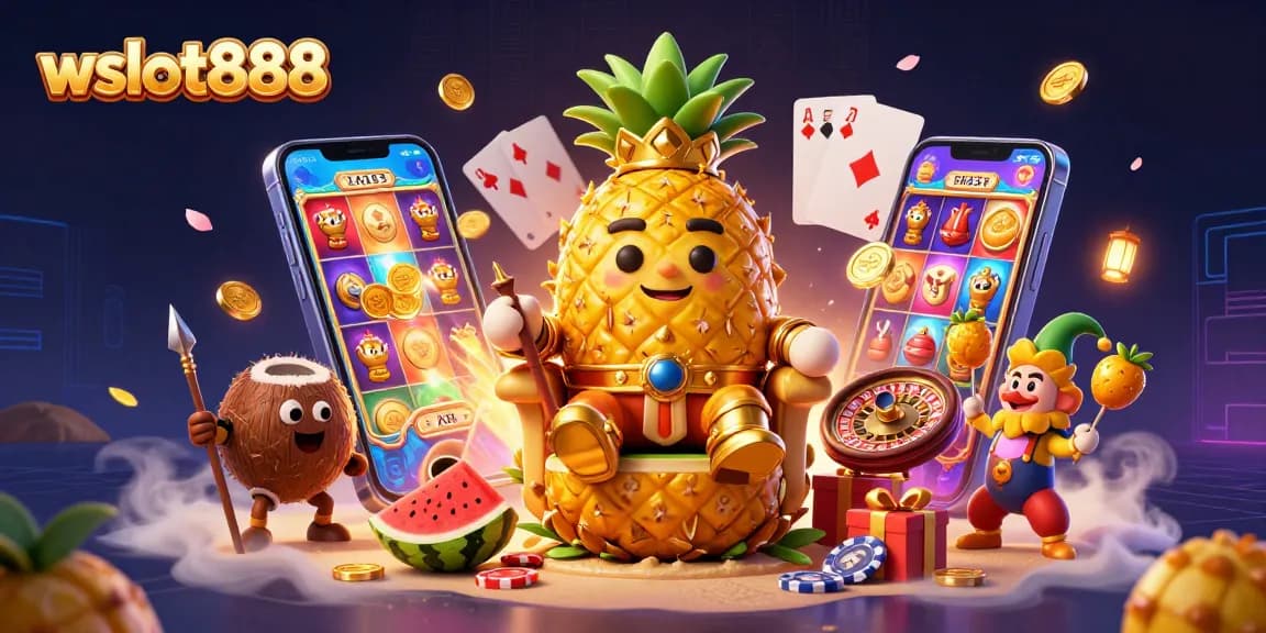 Permainan top-up wslot888 dengan karakter kartun 3D di kasino pantai yang cerah dan meriah.
