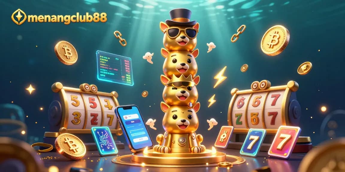 Spin the reels with menangclub88 while enjoying the vibrant casino atmosphere full of glowing Bitcoin coins and lucky symbols.