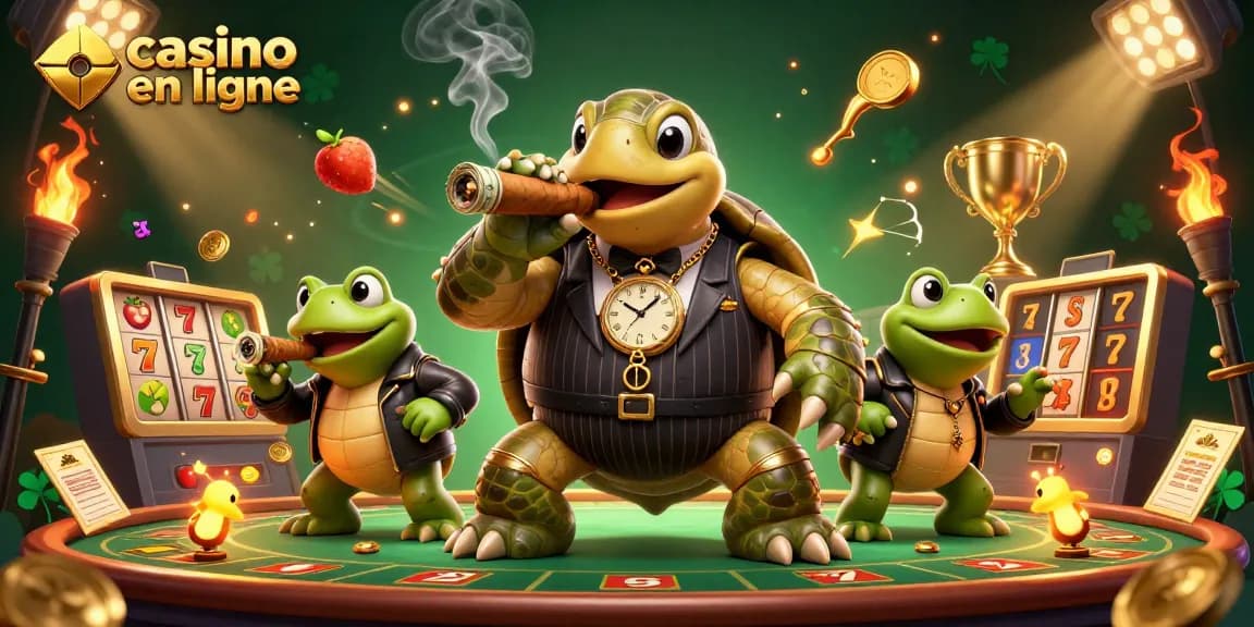 Cette illustration 3D montre un casino en ligne avec une tortue massive en costume, représentant un monde coloré de jeux de casino.