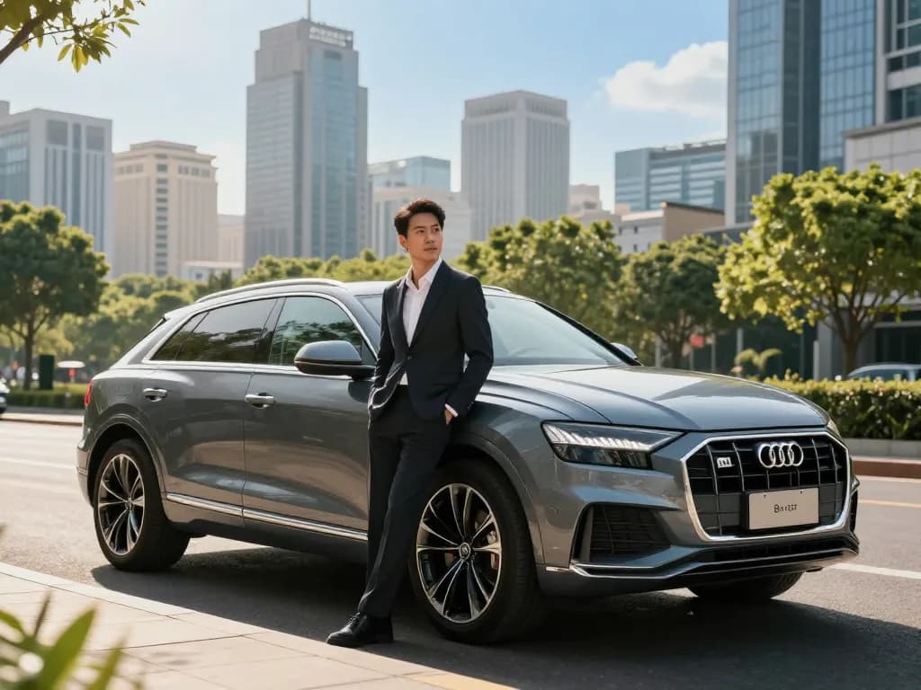 cho thuê xe ô tô hạng sang với Audi Q8 cho thuê trong bối cảnh đô thị, thể hiện sự thanh lịch và chuyên nghiệp.