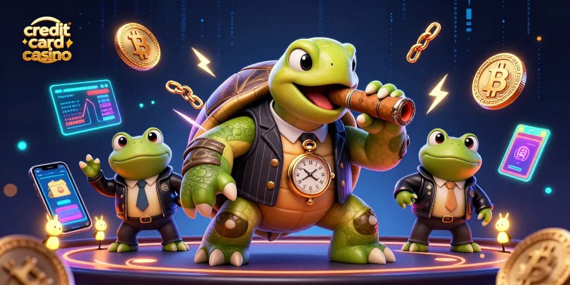 Experience the thrill of credit card casino action with our lively snapping turtle and bullfrog enforcers, surrounded by vibrant gaming elements.