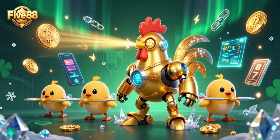 Experience the excitement of Five88 with our golden robot and crypto elements, enhancing your gaming journey.
