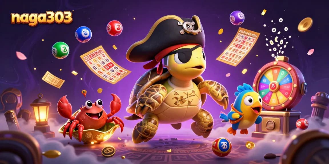 Engage with Naga303's vibrant lottery scene featuring colorful balls and lively characters.