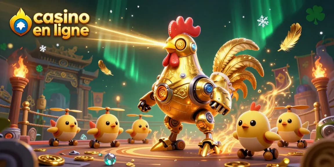 Jouez au casino en ligne avec un robot coq futuriste et des drones poussins dans un décor dynamique.