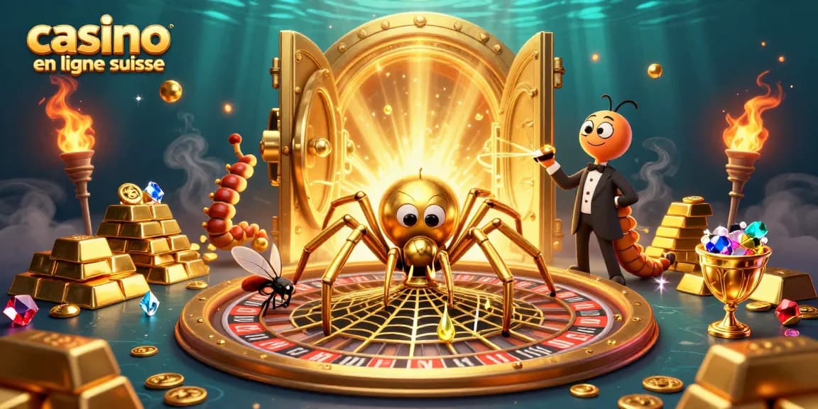 Placer des mises au casino en ligne suisse avec une illustration captivante de personnages animés et des éléments riches.