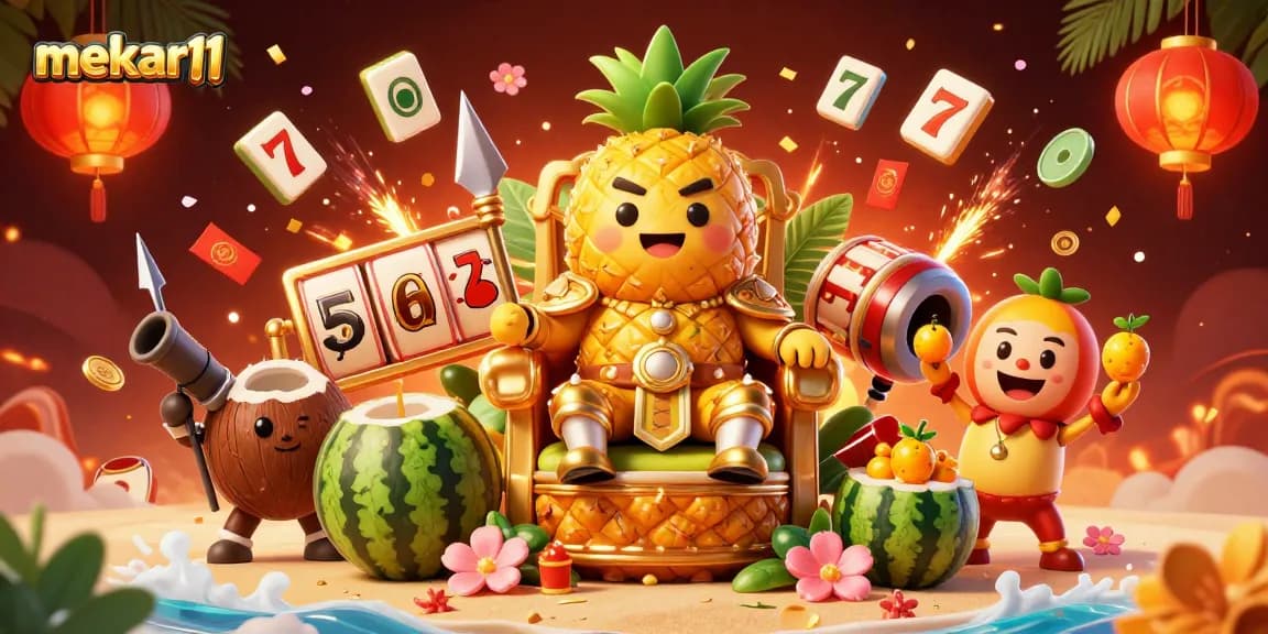 Play exciting games at mekar11 with a vibrant casino scene featuring a golden pineapple king.