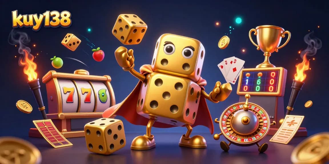 Gambaran 3D kuy138 yang menampilkan dadu emas yang menggoda, bermain dengan jackpot slot di dunia kasino.