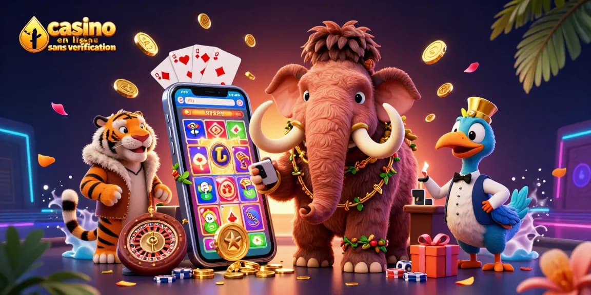 Vivez l'excitation du casino en ligne sans vérification avec une illustration dynamique de personnages amusants et d'éléments de jeu.