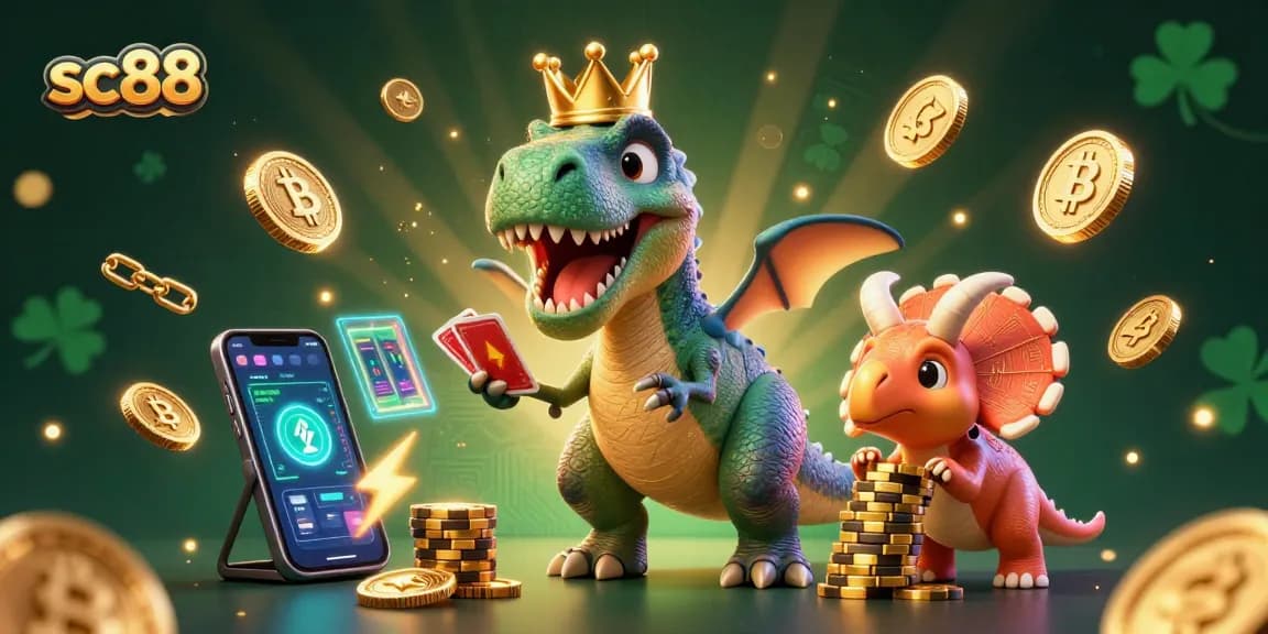 sc88 showcases a T-Rex shuffling cards in a lively crypto casino scene, enhancing the gaming experience.