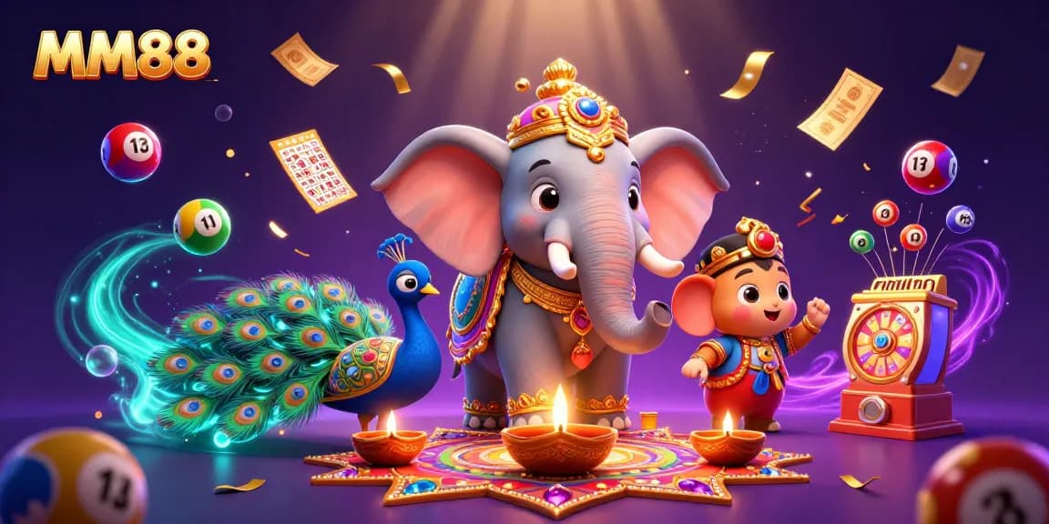 Experience exhilarating gaming moments at MM88 with vibrant 3D illustrations of lottery elements and colorful characters.