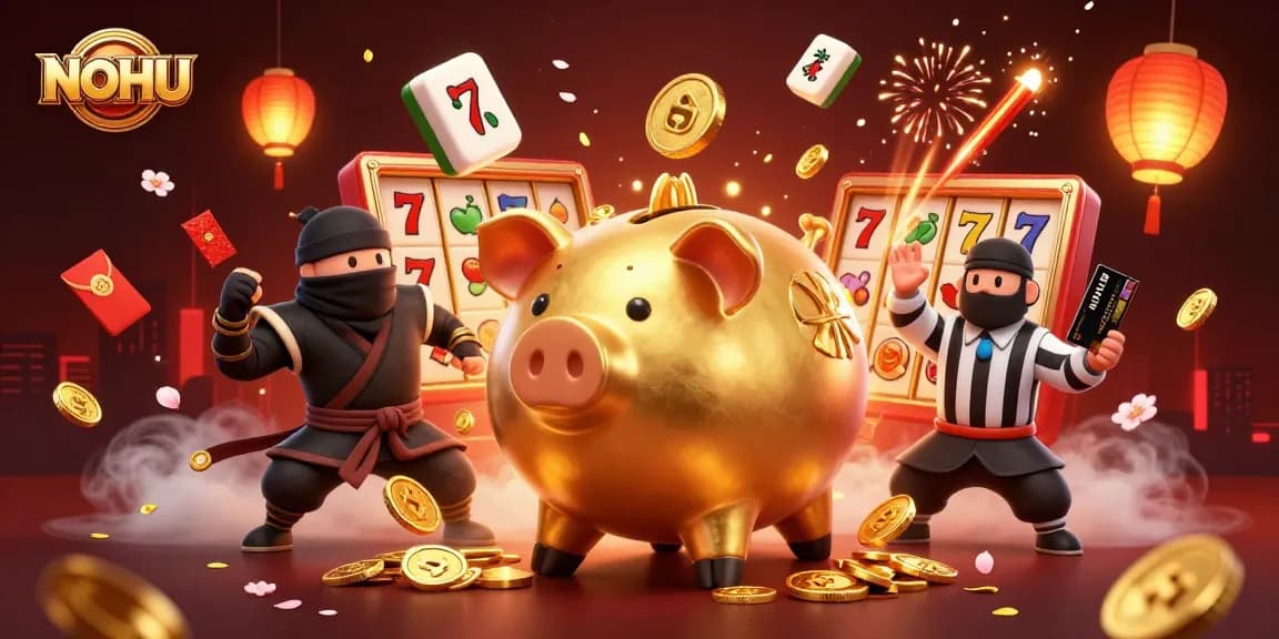 Join the fun with NOHU as the golden piggy bank sumo wrestler grabs coins in a lively casino scene.