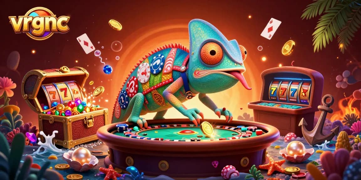 Spin the slot reels with vrgnc's vibrant 3D casino scene, featuring an animated chameleon owner.