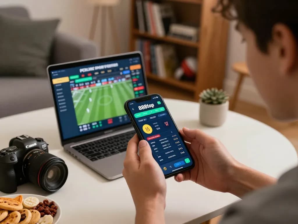 Engaging sports betting experience on 888top mobile app showing match odds and cozy home setup.