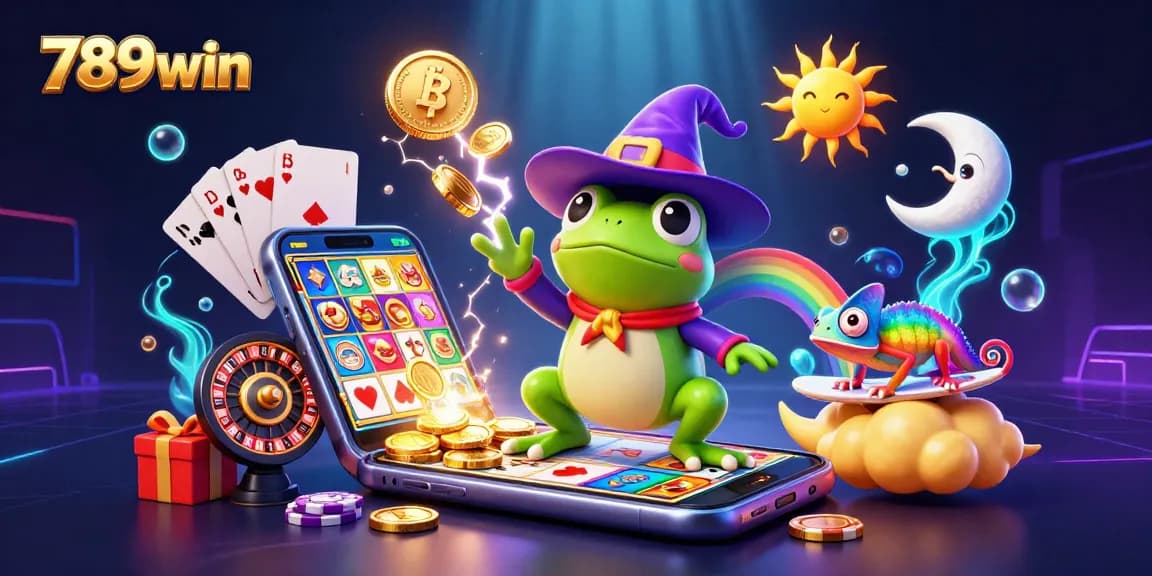 Experience the thrill of 789win with a wizard frog unleashing golden coins and vibrant games.