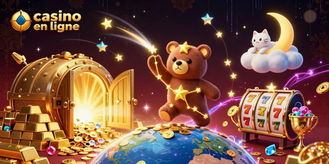 Visuel captivant de casino en ligne avec un ours constellation, poissons volants et éléments de jeu.