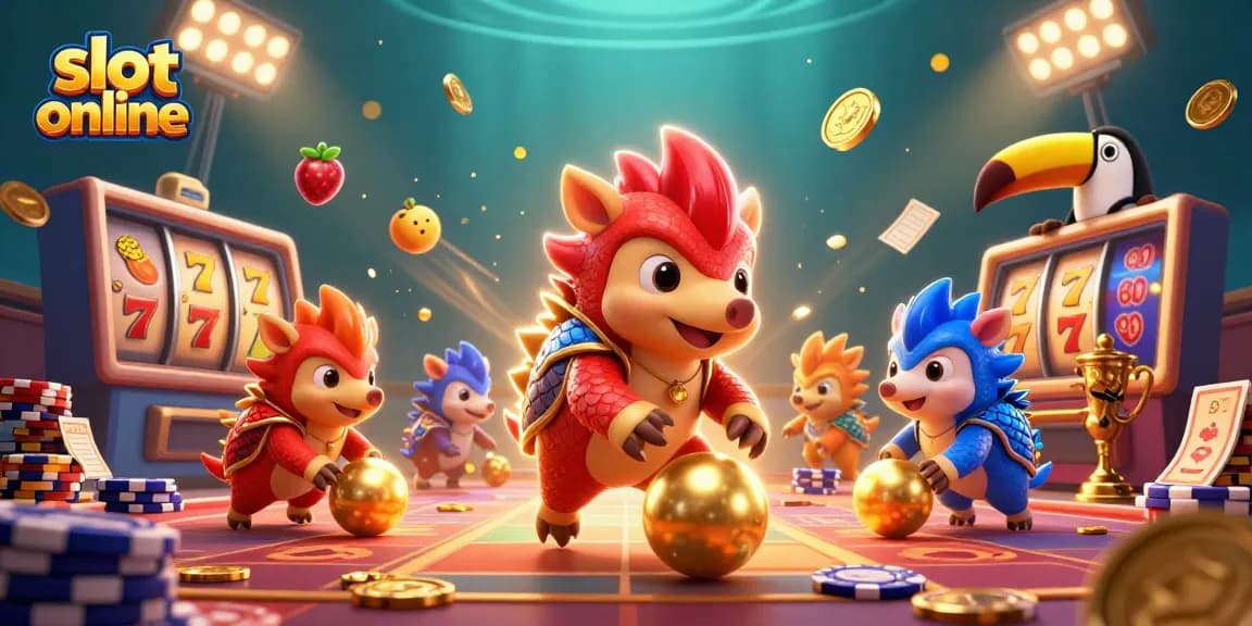 Experience thrilling slot online gameplay as rival pangolins compete with dynamic effects and casino elements.