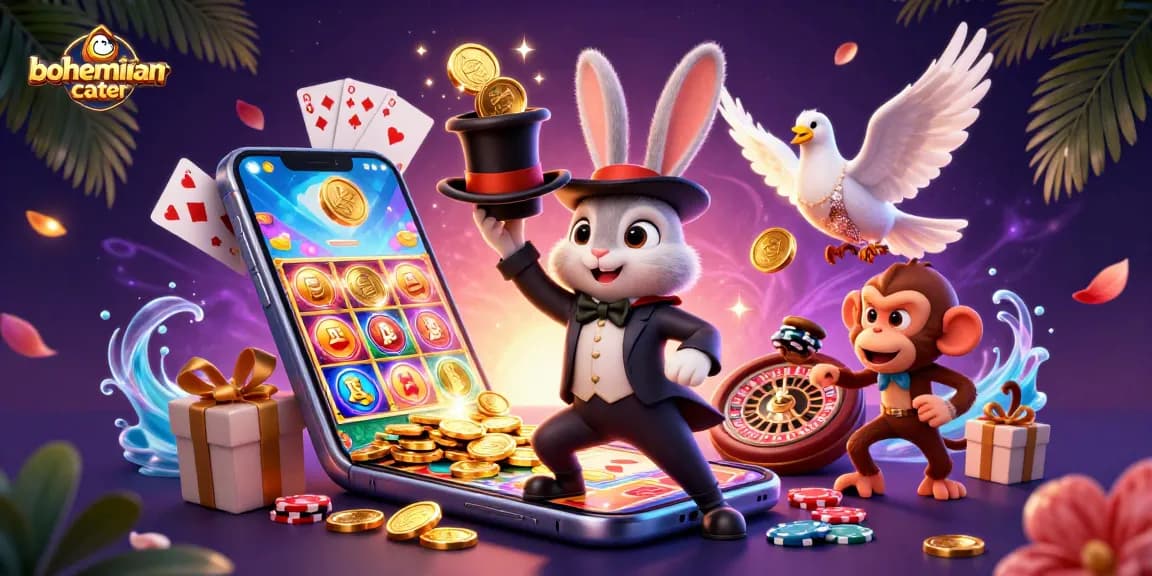 Experience bohemiancater as the magician rabbit conjures coins amid dazzling casino elements in an exciting slot scene.