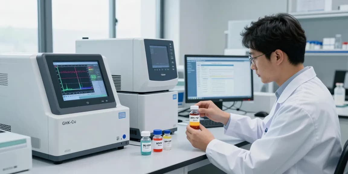 Scientist analyzing KLOW stack components in a modern laboratory setting with advanced equipment.