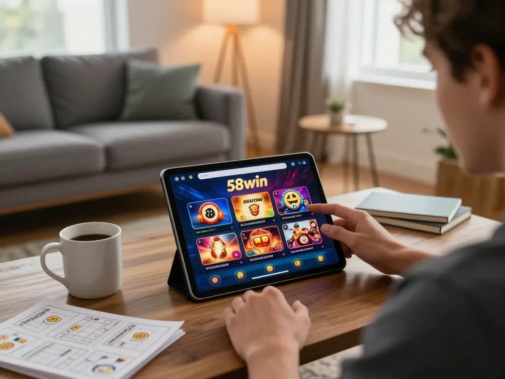 Engaged player enjoying 58win online casino on tablet in cozy home setting.