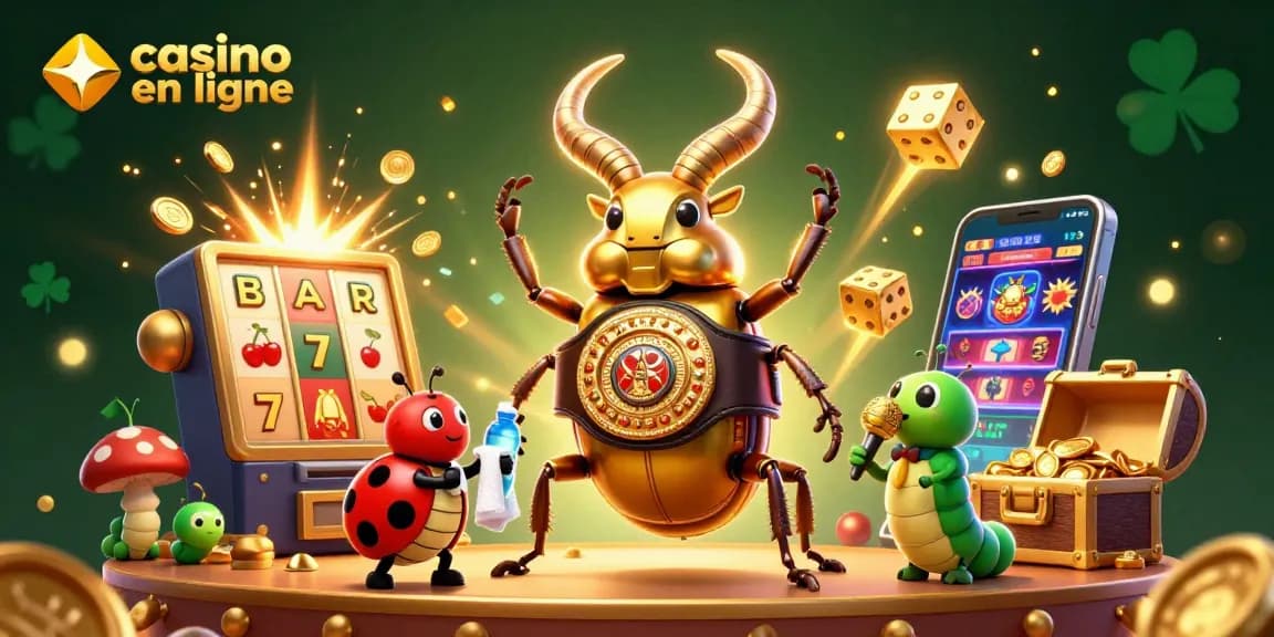 Illustration dynamique de casino en ligne avec un scarabée géant et des éléments de jeu colorés.