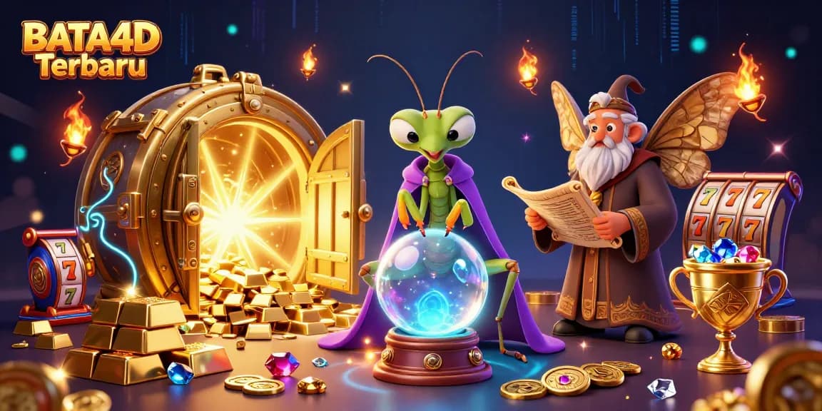 BATA4D Terbaru showcases a vibrant casino scene featuring a fortune teller and librarian amidst treasures.