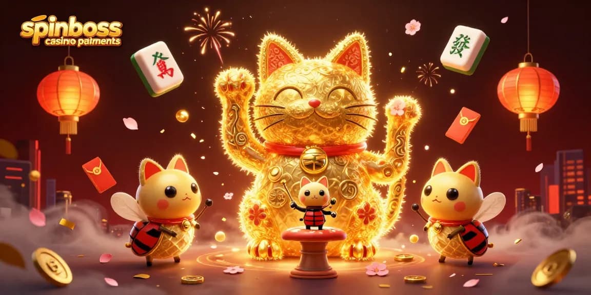 Admirez la scène hypnotisante avec spinboss casino paiements, où un chat porte-bonheur lumineux interagit avec des symboles casino.