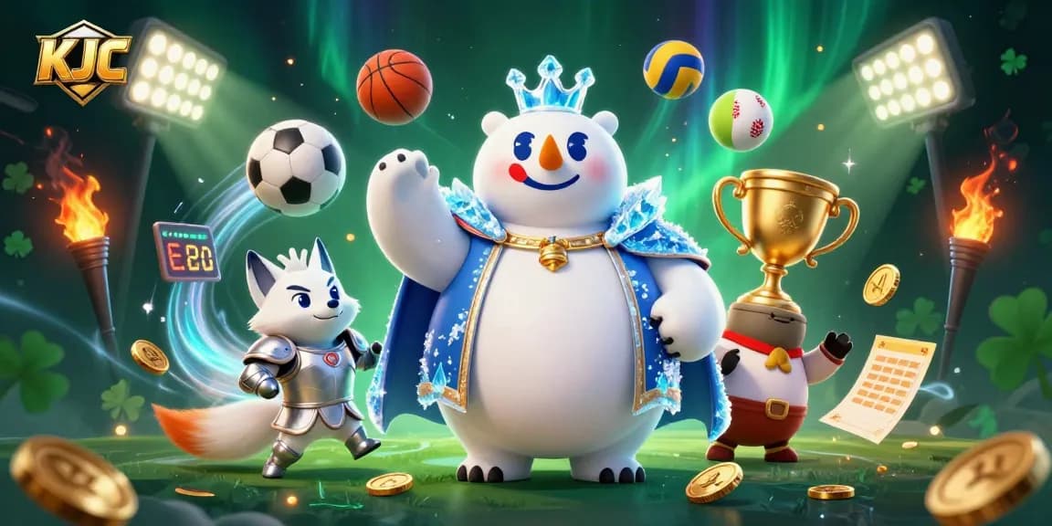 KJC showcases an engaging 3D illustration of a polar bear king and fox, surrounded by sports elements, emphasizing thrilling betting action.