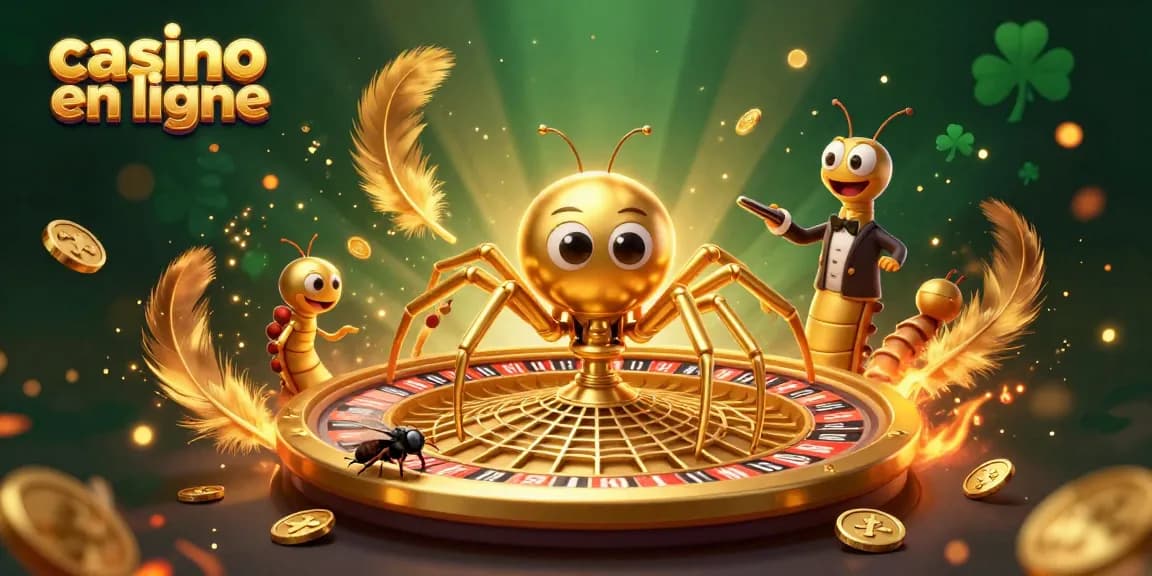 Illustration d'une araignée dorée dans un casino en ligne, faisant tourner une toile en forme de roulette.
