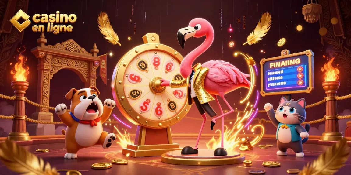 Casino en ligne avec un animateur flamboyant et un bulldog enthousiaste, entouré de jetons dorés.