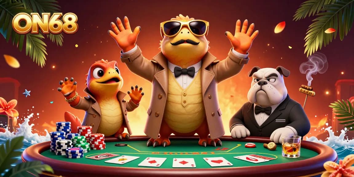 Engage with ON68's unique gaming experience as raptors cleverly disguise enter a VIP lounge, poker chips scattered.