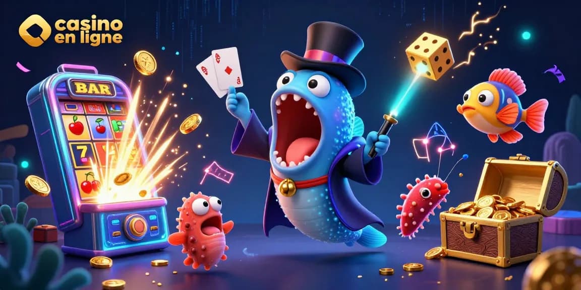 Visitez le casino en ligne avec une scène dynamique d'animaux marins jouant aux cartes et machines à sous.