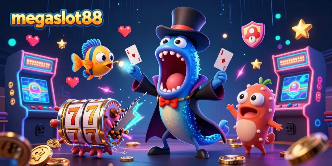Experience the excitement of megaslot88 with this vibrant, action-packed casino illustration.