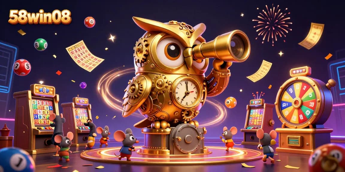 Experience thrilling gameplay at 58win08 with an exciting casino scene featuring a golden owl and vibrant lottery elements.