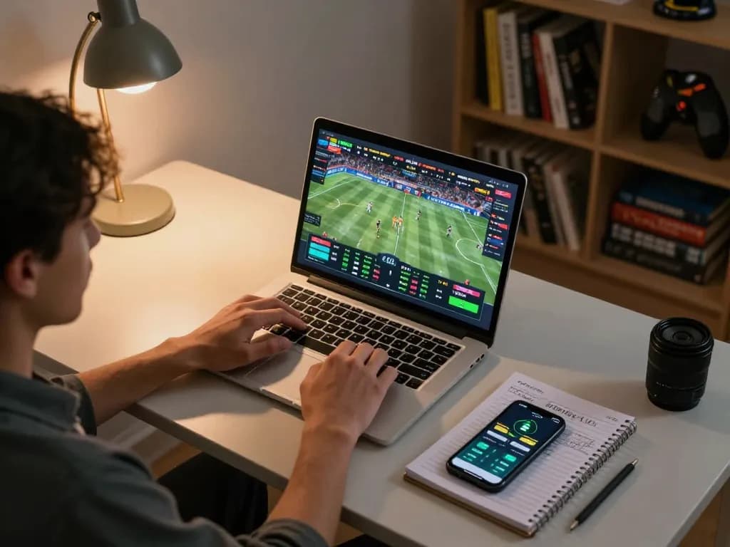 Engaging moment at DH88, a player strategizing sports betting with laptop and notes in cozy home setup.