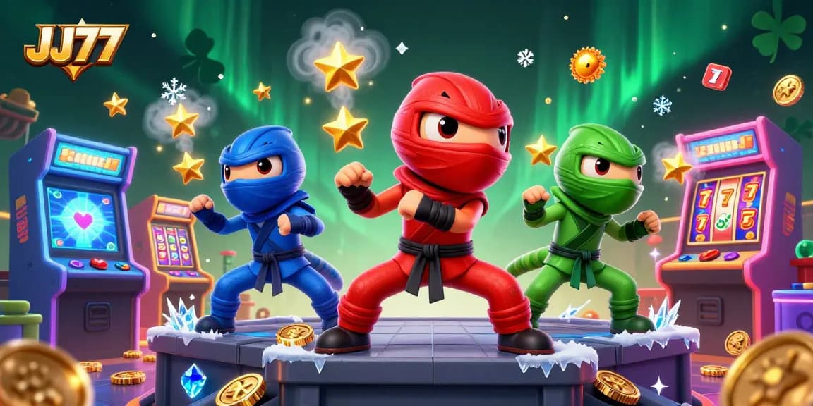 Engage with JJ77's thrilling casino experience featuring cartoon ninja chameleons among festive gaming elements.