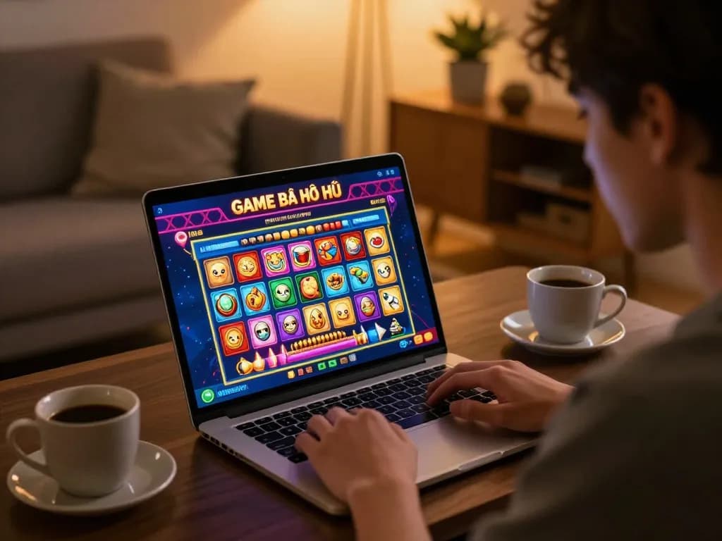 Player engaging in Game bài nổ hũ online with vibrant graphics in a cozy home setting