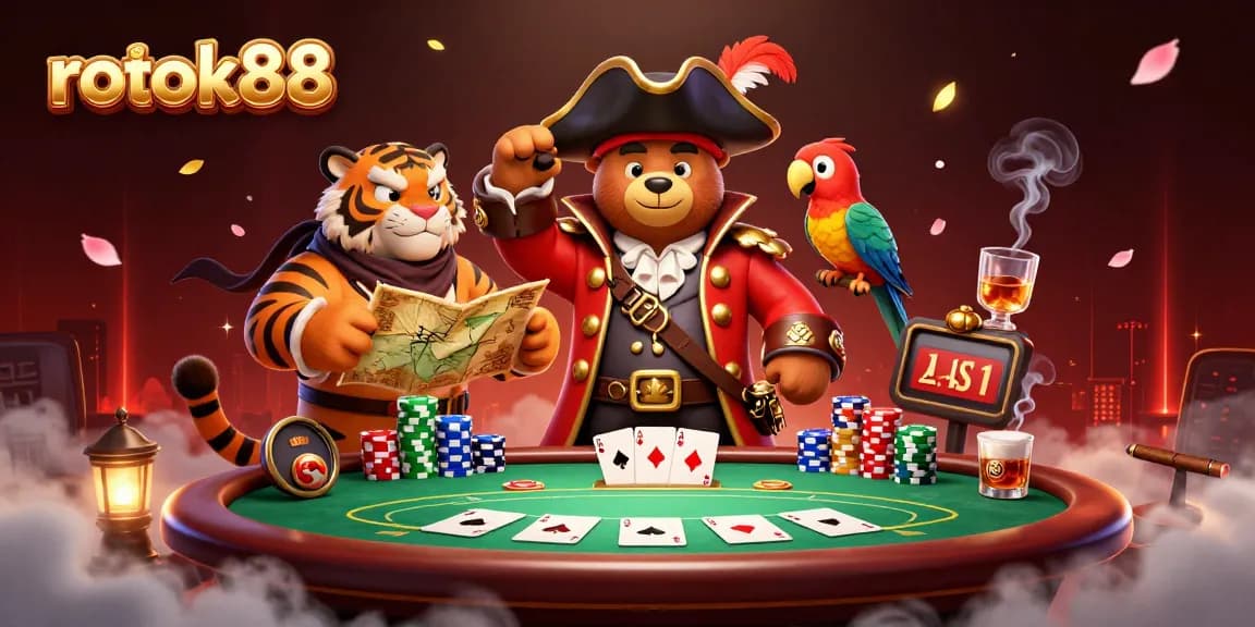 Experience the thrill of rokok88 gaming with an exciting poker scene featuring pirate characters and vibrant casino elements.