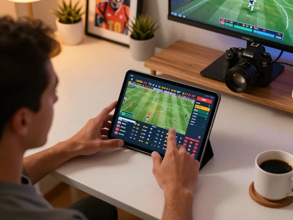 Betting on sports with mb 66 app displayed on a tablet, showcasing real-time odds and statistics.