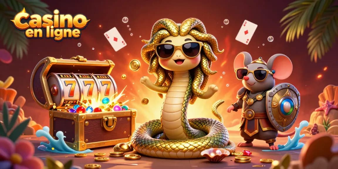Jouez à casino en ligne avec Medusa et un guerrier souris dans une scène dynamique et colorée.