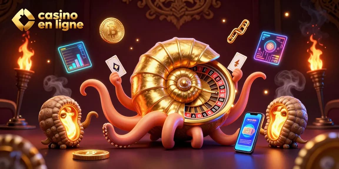 Jouer au casino en ligne avec un nautilus géant et des pièces de crypto-monnaie brillantes.