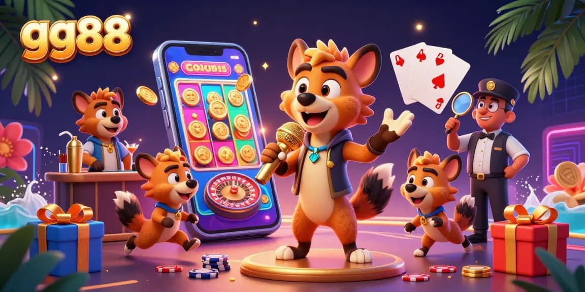 Engage in vibrant casino action at GG88 with hyenas hosting lively games, showcasing fun gaming elements and rich details.