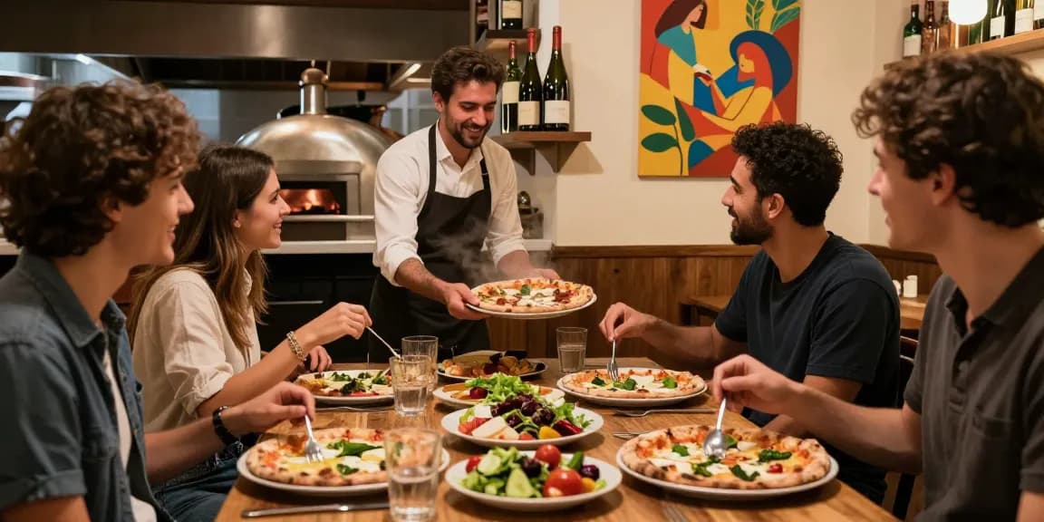 Friends enjoying authentic Italian pizza and pg soft beverages in a cozy pizzeria atmosphere.
